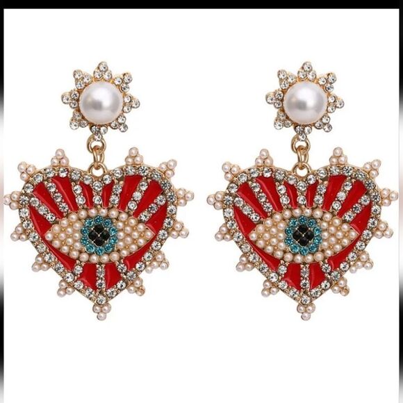 NWOT Rhinestone Eyeball Heart Earrings - Picture 2 of 4